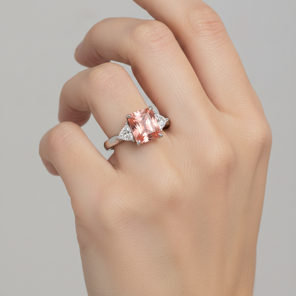Anello a tre pietre con autentico zaffiro Padparadscha da 2,9 carati taglio radiant e pietre taglio trilliant bianche in oro 14 carati