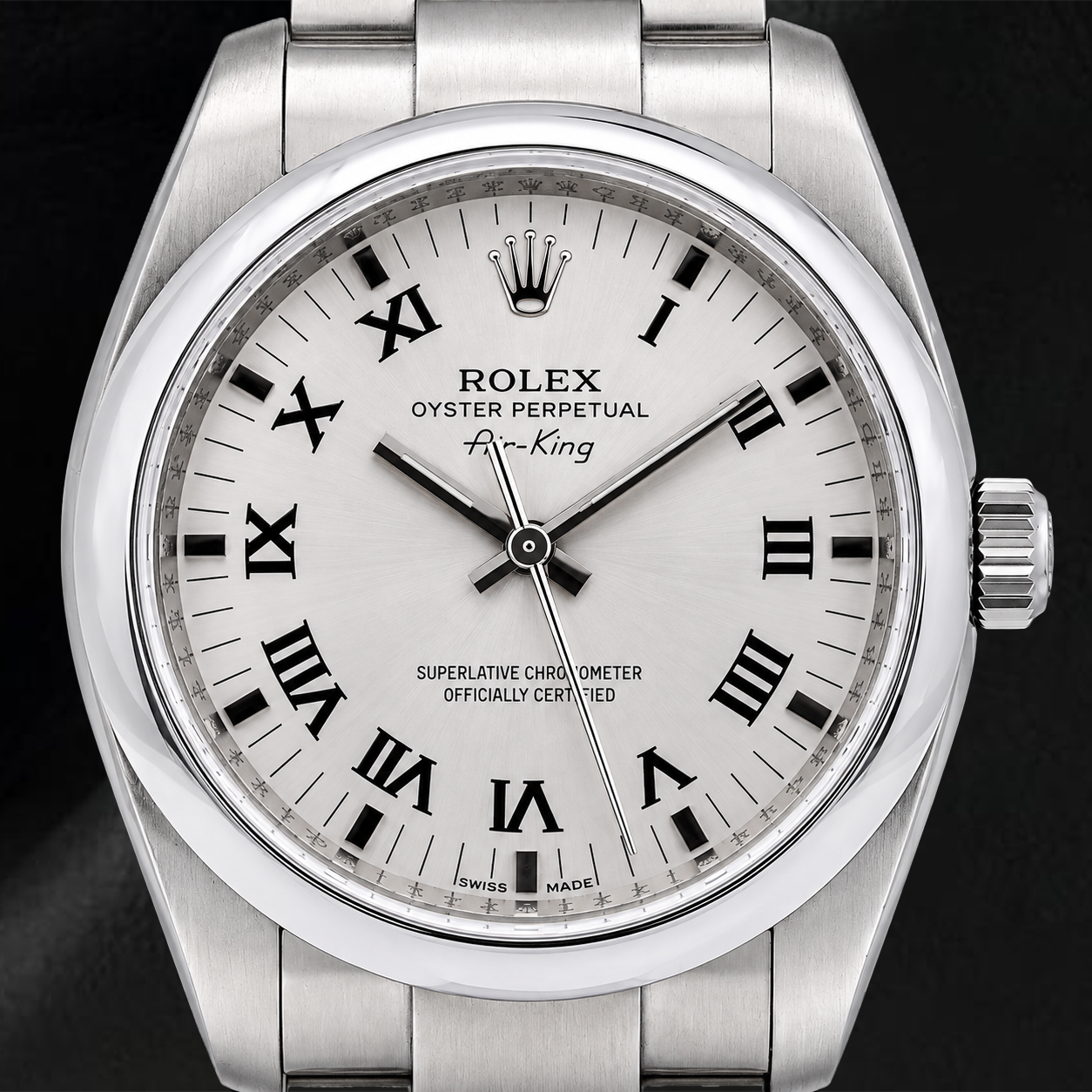 Rolex Air-King 34mm 114200 Orologio in Acciaio Inossidabile Quadrante Argento con Numeri Romani Bracciale Oyster