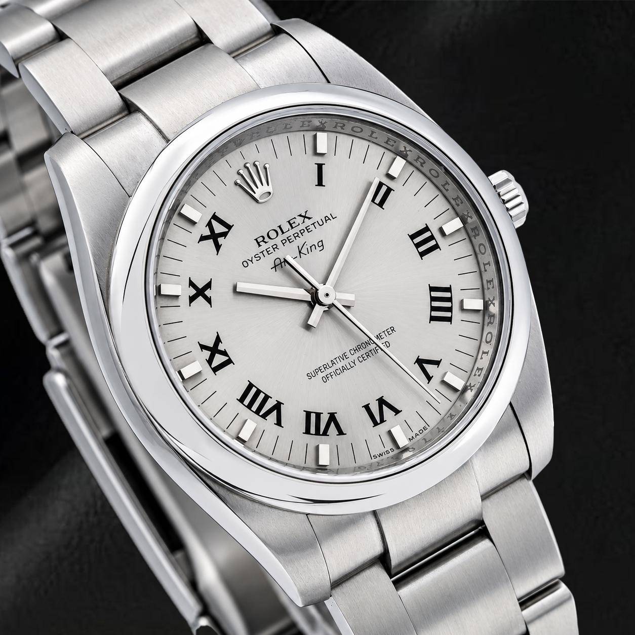 Rolex Air-King 34mm 114200 Orologio in Acciaio Inossidabile Quadrante Argento con Numeri Romani Bracciale Oyster