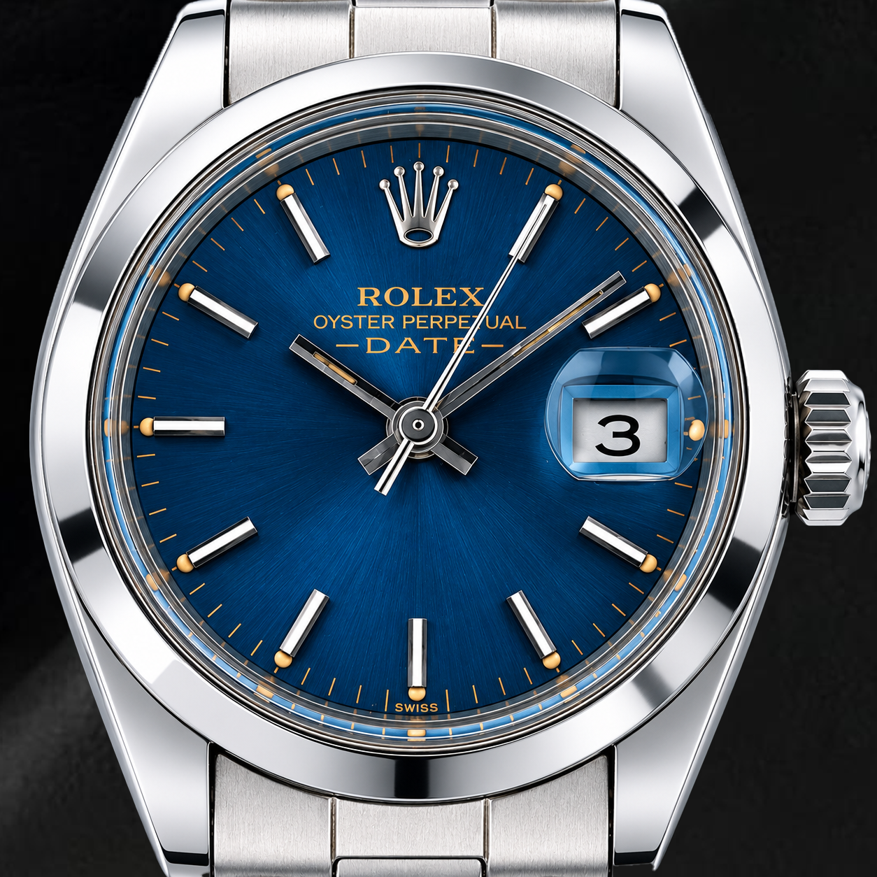 Rolex Date 26mm 6916 Orologio in Acciaio Inossidabile con Quadrante Blu e Lunetta Liscia