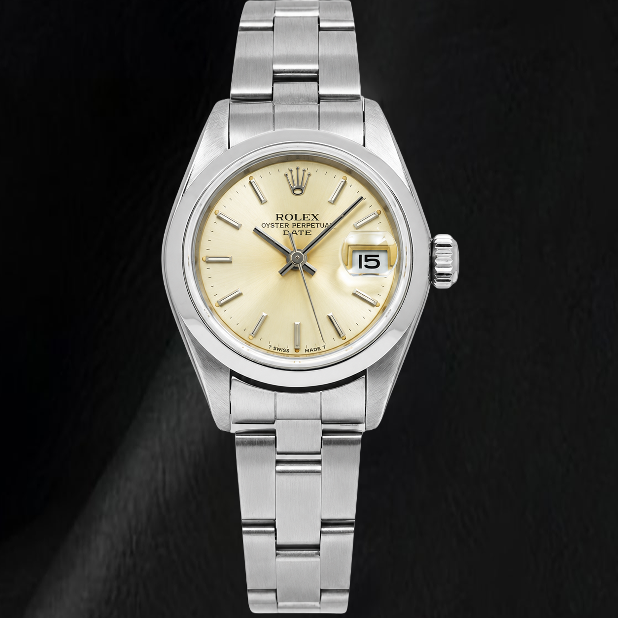 Rolex Date 79160 26 mm Orologio in Acciaio Inossidabile con Quadrante Champagne con Indici a Bastone e Lunetta Liscia