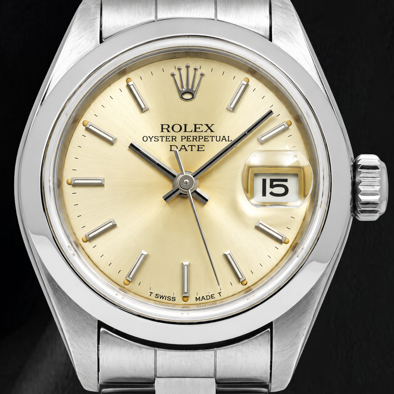 Rolex Date 79160 26 mm Orologio in Acciaio Inossidabile con Quadrante Champagne con Indici a Bastone e Lunetta Liscia