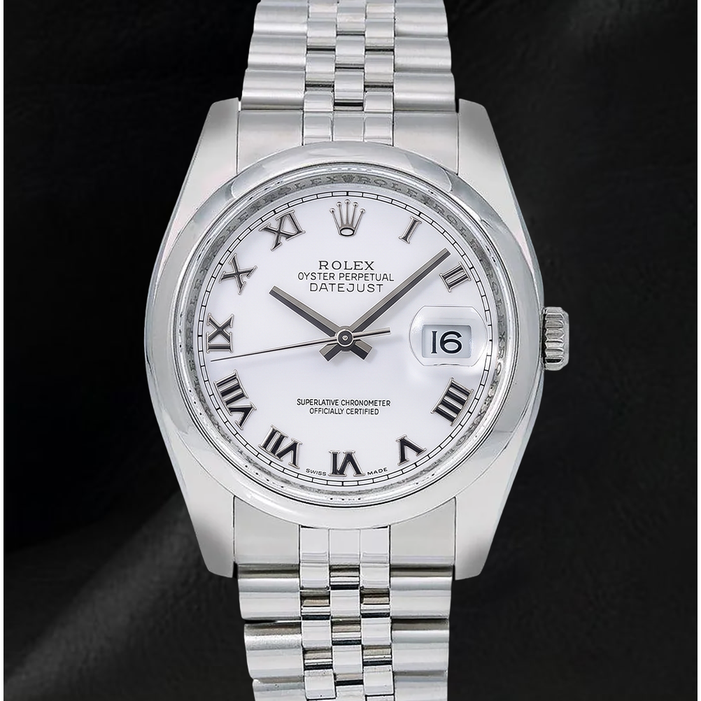 Rolex Datejust 116200 36 mm Orologio in Acciaio Inossidabile con Quadrante Bianco e Numeri Romani