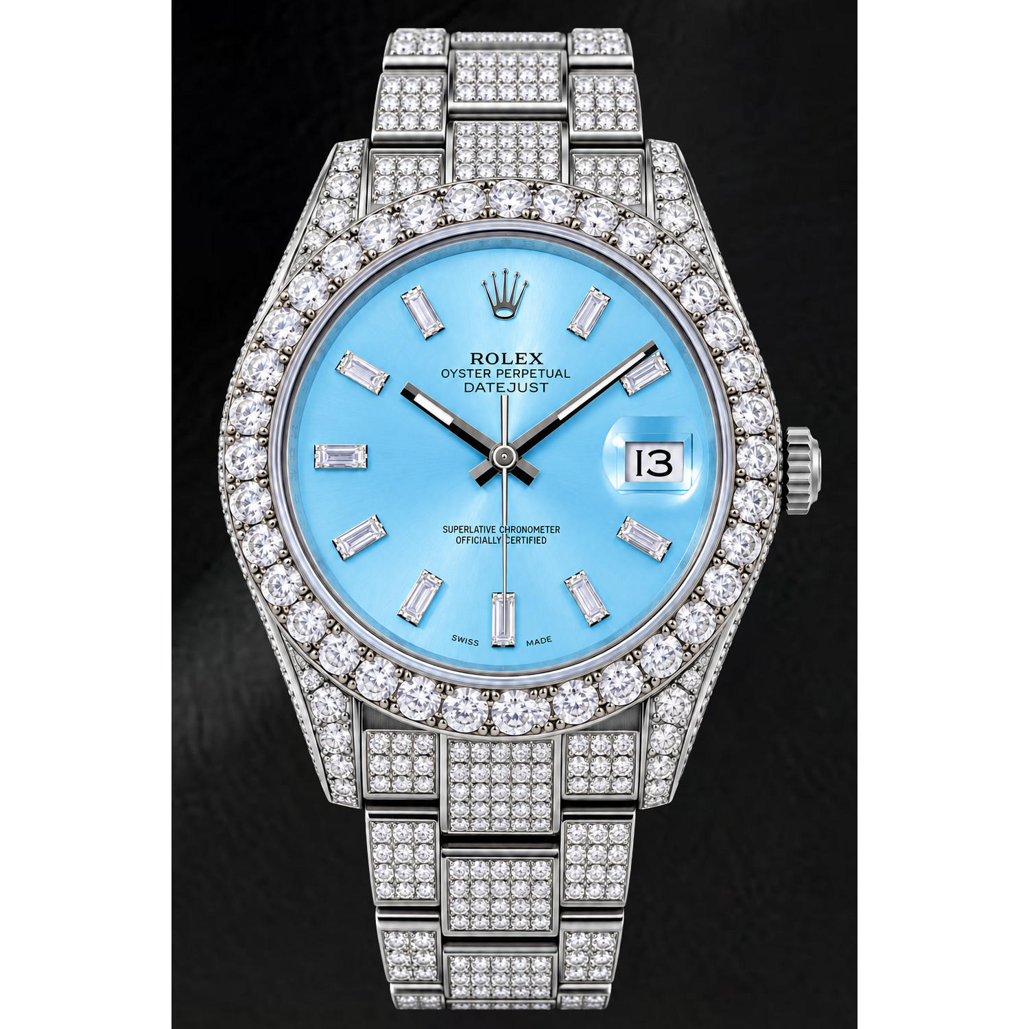 Rolex Datejust 116200 36mm Orologio in Acciaio Inossidabile con Quadrante Blu Ghiaccio con Diamanti Baguette