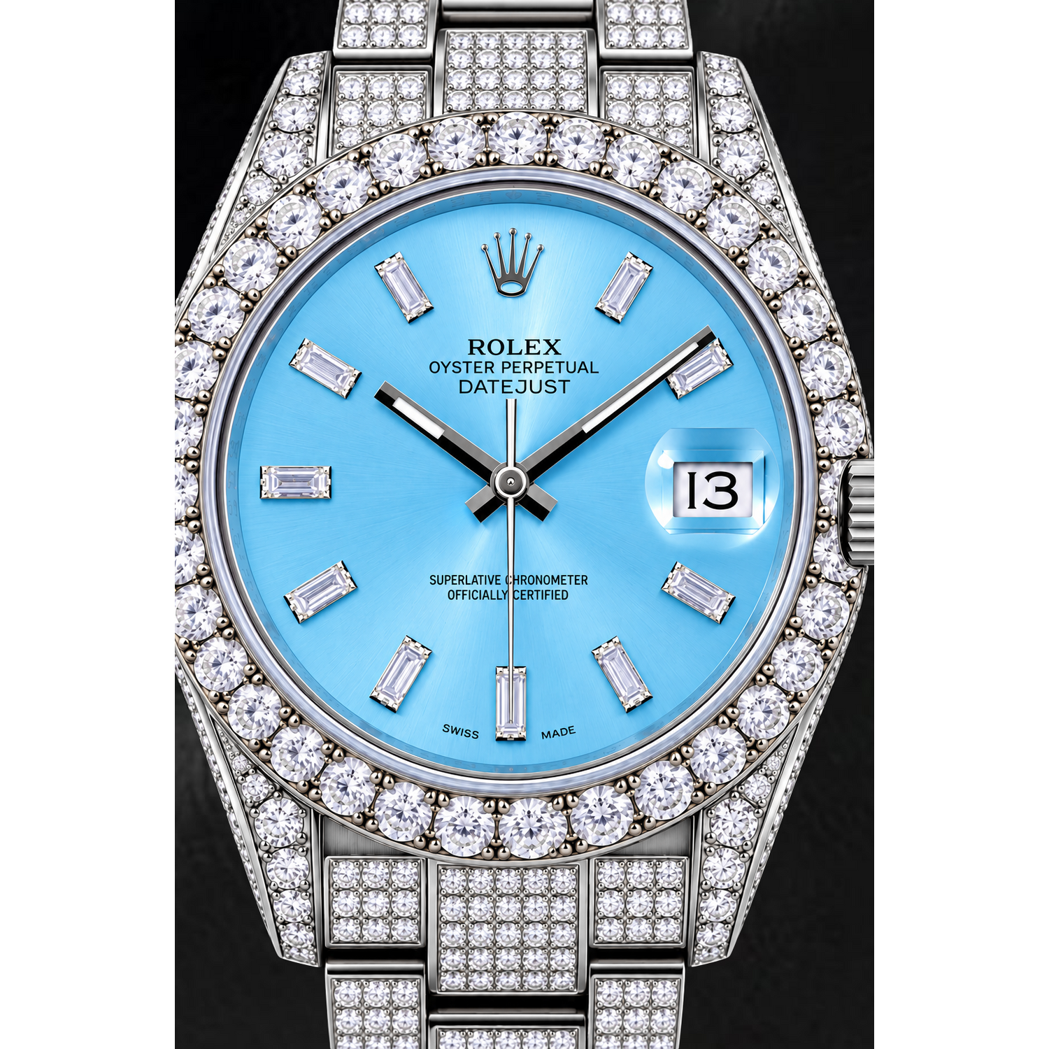 Rolex Datejust 116200 36mm Orologio in Acciaio Inossidabile con Quadrante Blu Ghiaccio con Diamanti Baguette
