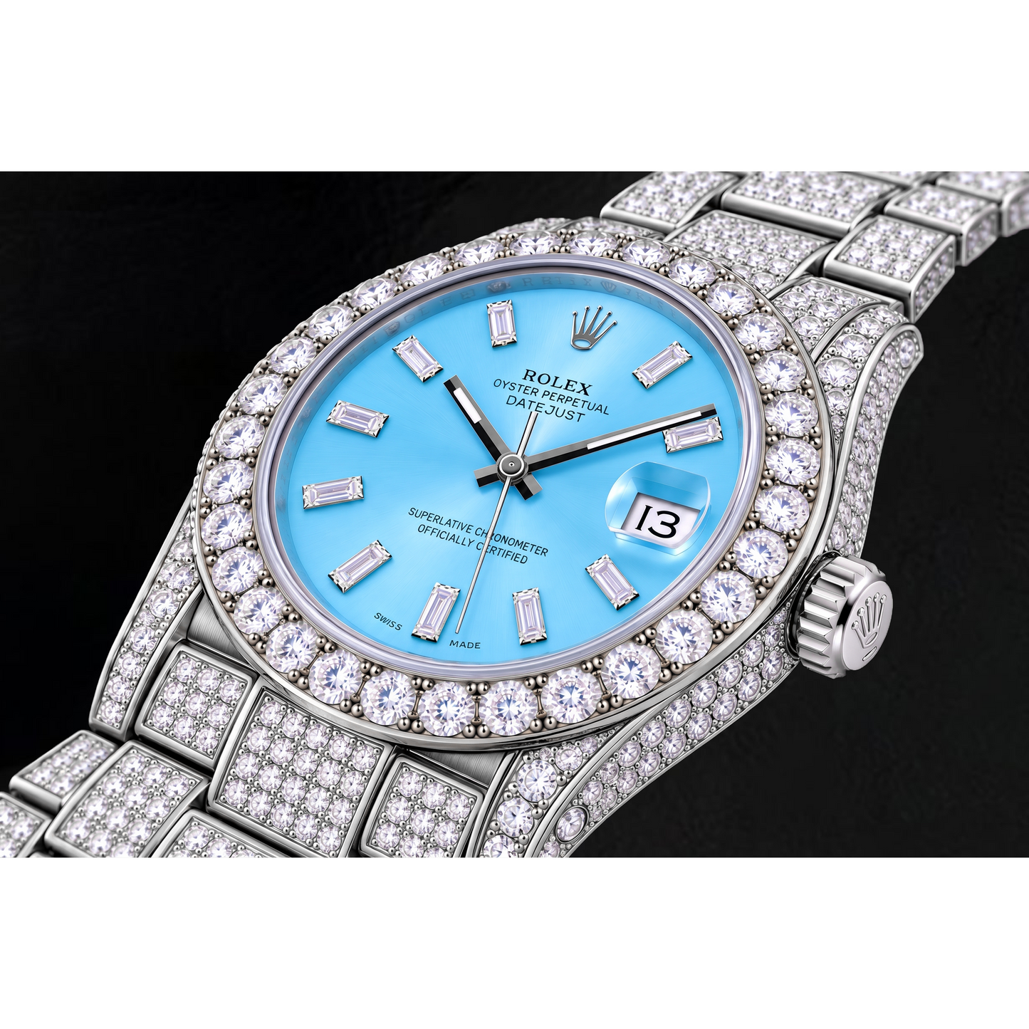 Rolex Datejust 116200 36mm Orologio in Acciaio Inossidabile con Quadrante Blu Ghiaccio con Diamanti Baguette