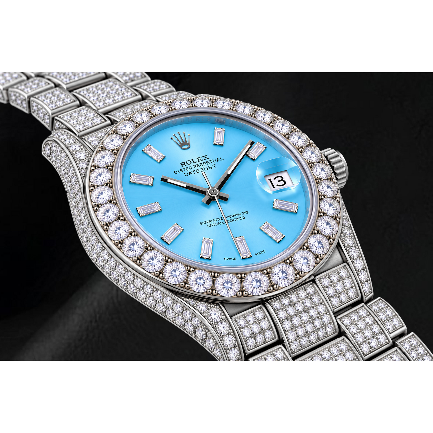 Rolex Datejust 116200 36mm Orologio in Acciaio Inossidabile con Quadrante Blu Ghiaccio con Diamanti Baguette