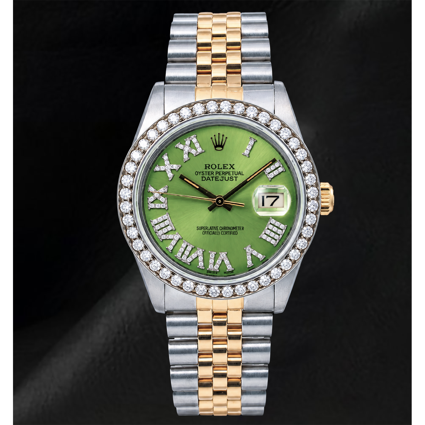 Rolex Datejust 1601 36 mm Orologio Bicolore Quadrante con Diamanti Verde e Numeri Romani
