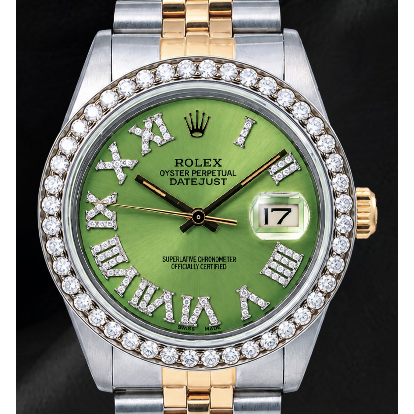 Rolex Datejust 1601 36 mm Orologio Bicolore Quadrante con Diamanti Verde e Numeri Romani