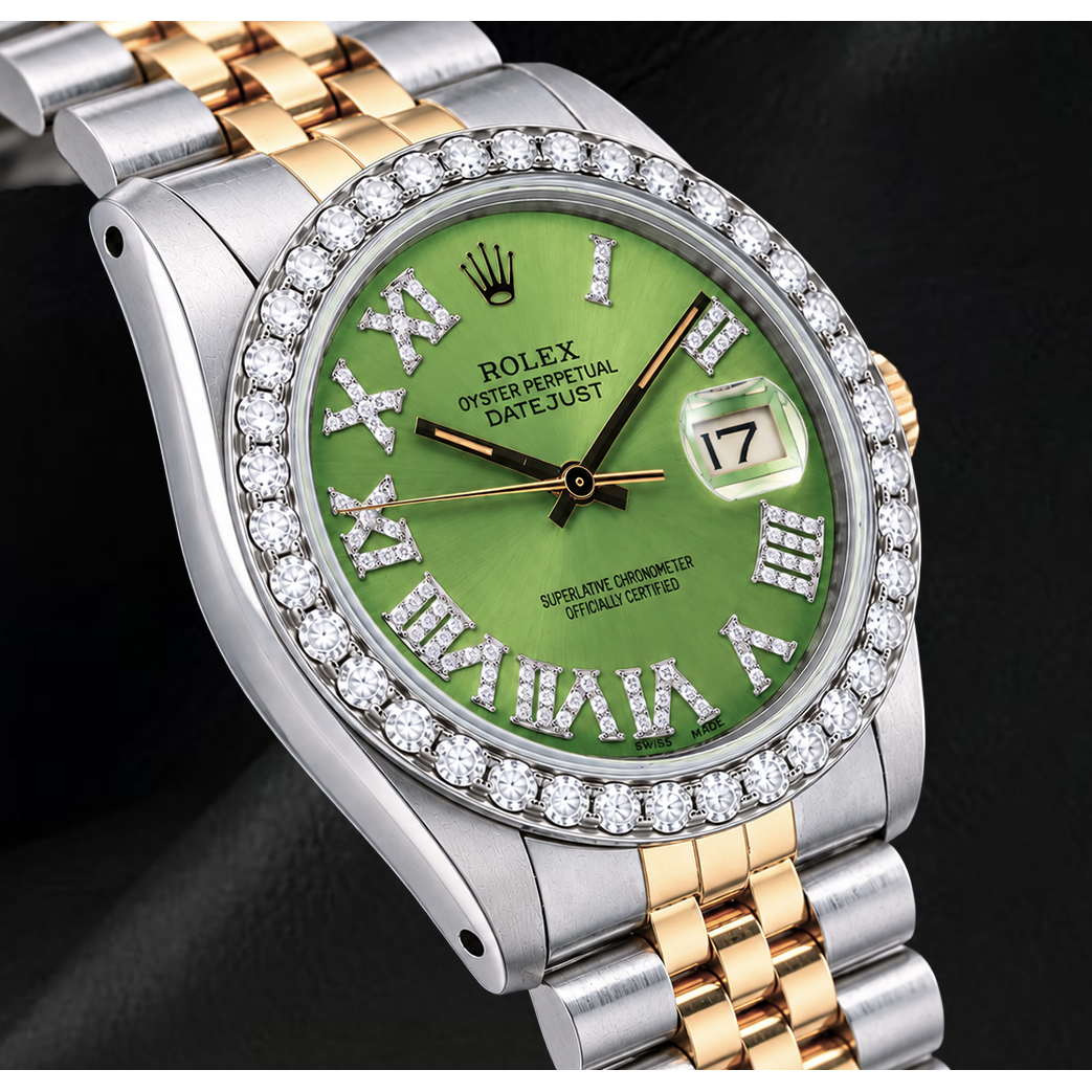 Rolex Datejust 1601 36 mm Orologio Bicolore Quadrante con Diamanti Verde e Numeri Romani