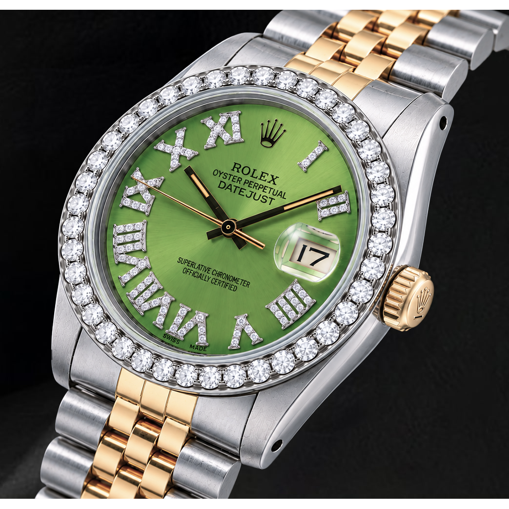 Rolex Datejust 1601 36 mm Orologio Bicolore Quadrante con Diamanti Verde e Numeri Romani