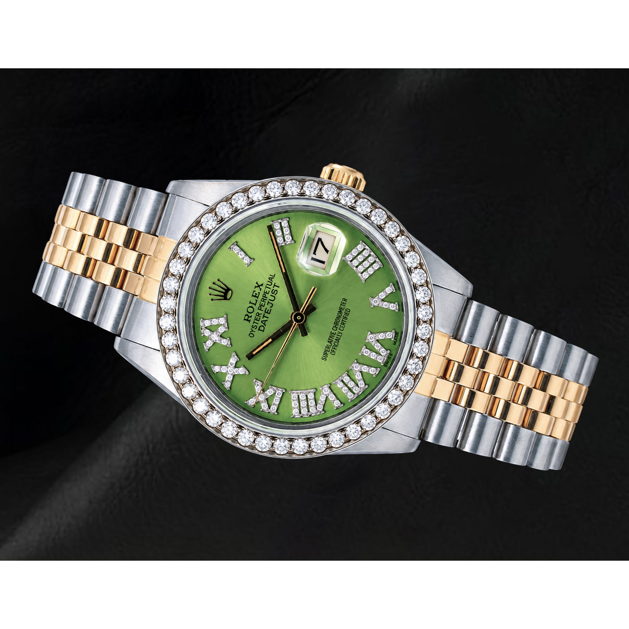 Rolex Datejust 1601 36 mm Orologio Bicolore Quadrante con Diamanti Verde e Numeri Romani