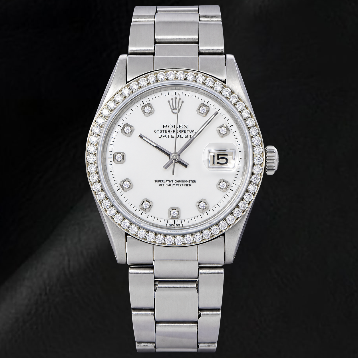 Rolex Datejust 1601 36 mm Orologio in Acciaio Inossidabile con Quadrante Bianco con Diamanti