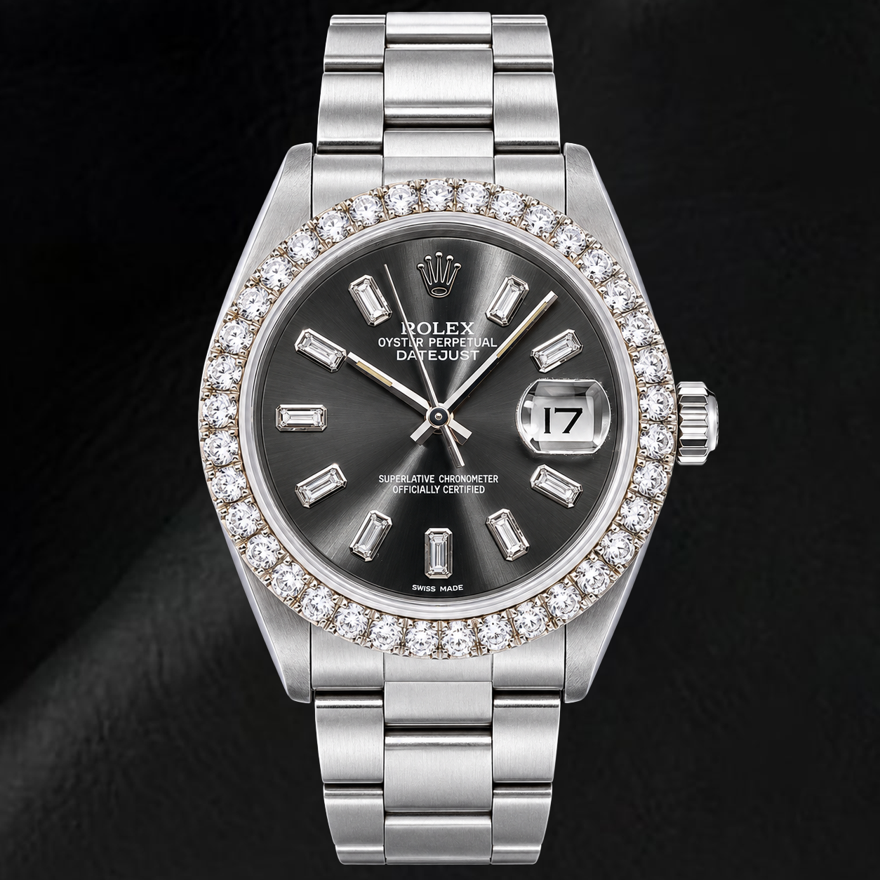 Rolex Datejust 16014 36 mm Orologio in Acciaio Inossidabile con Quadrante Grigio con Diamanti Baguette