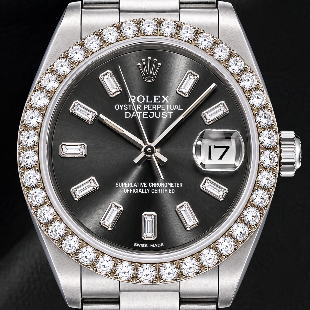 Rolex Datejust 16014 36 mm Orologio in Acciaio Inossidabile con Quadrante Grigio con Diamanti Baguette