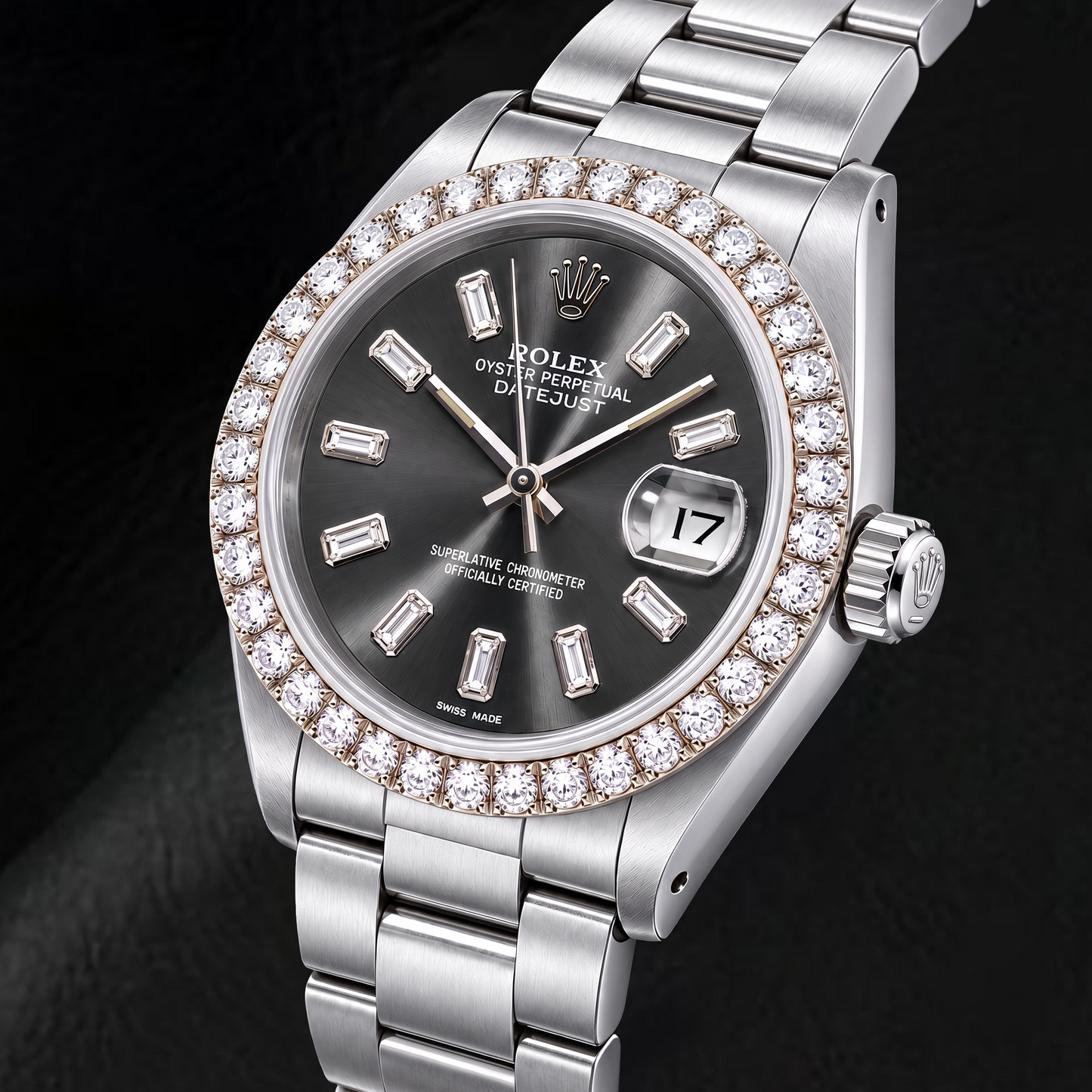 Rolex Datejust 16014 36 mm Orologio in Acciaio Inossidabile con Quadrante Grigio con Diamanti Baguette