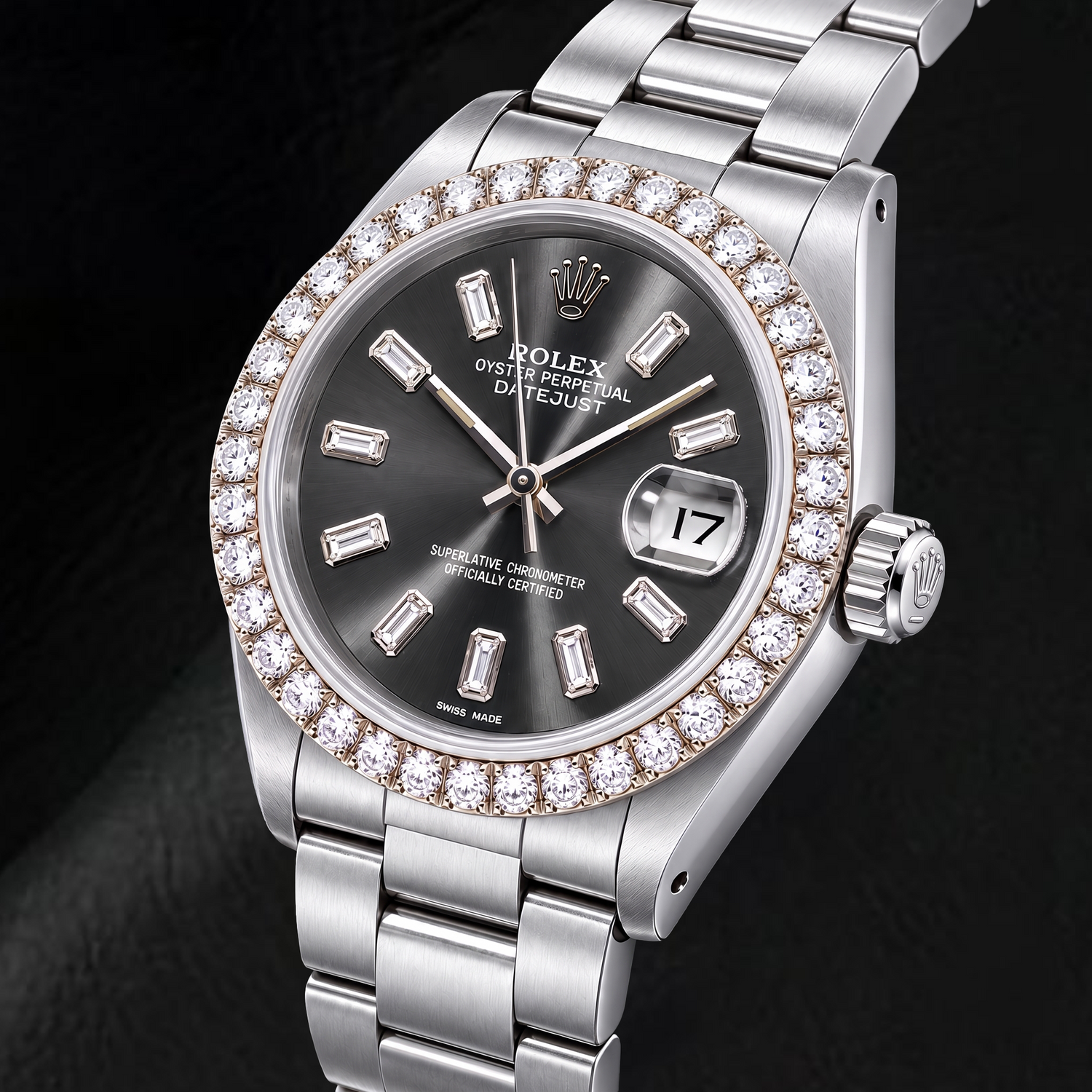 Rolex Datejust 16014 36 mm Orologio in Acciaio Inossidabile con Quadrante Grigio con Diamanti Baguette