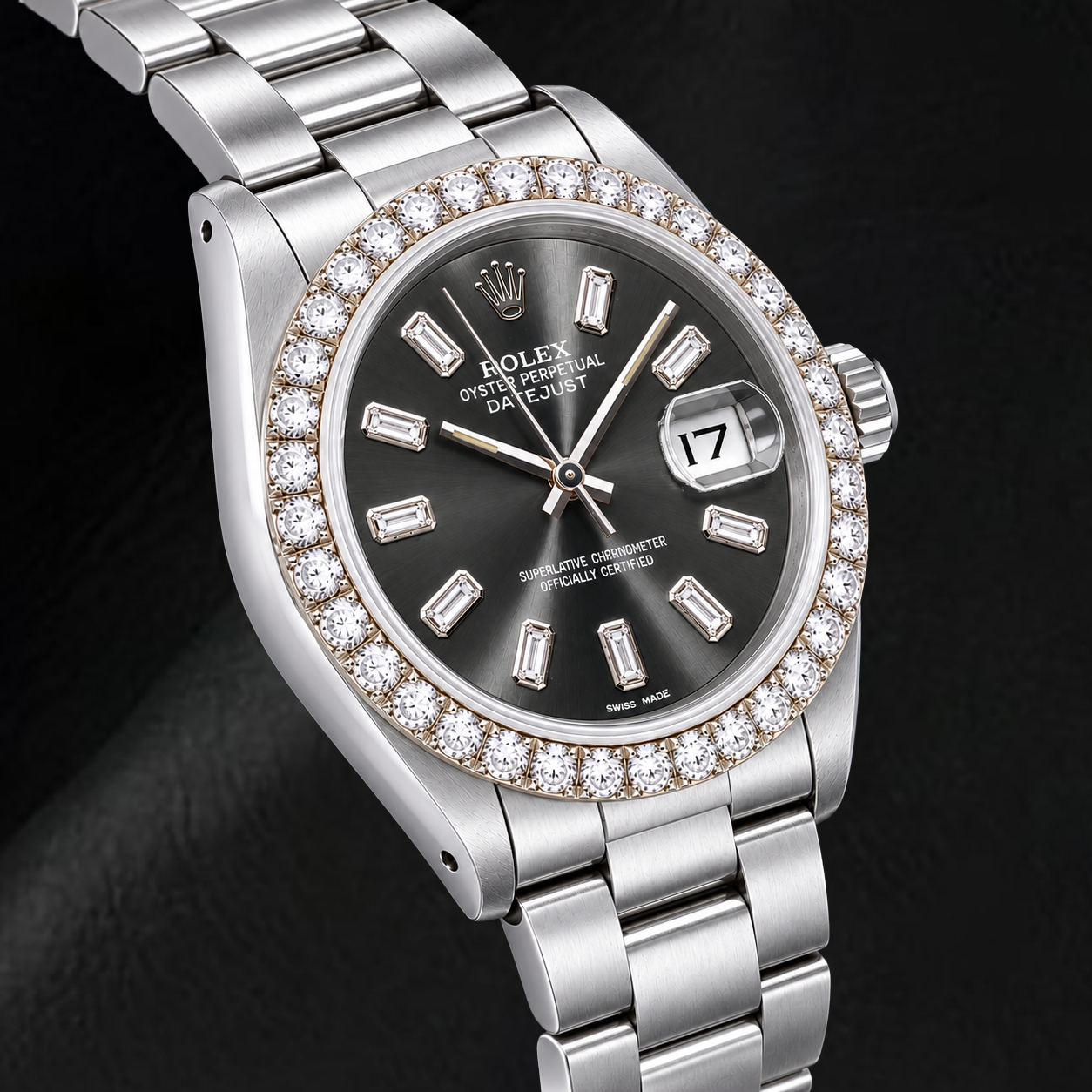 Rolex Datejust 16014 36 mm Orologio in Acciaio Inossidabile con Quadrante Grigio con Diamanti Baguette