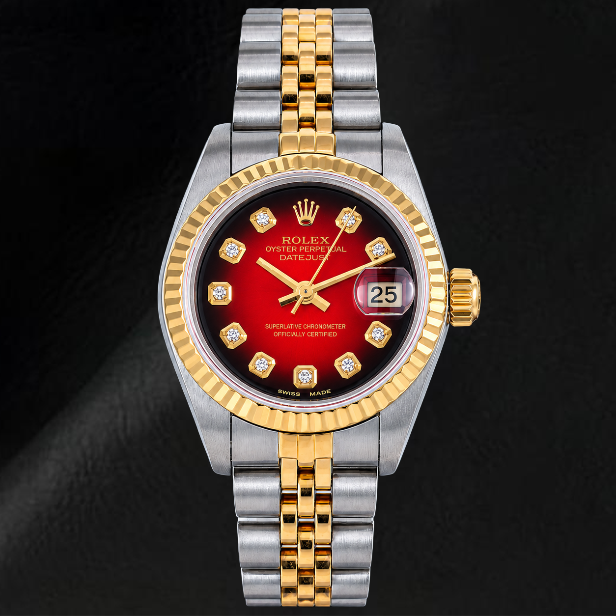 Rolex Datejust 26mm 69173 Orologio Bicolore Quadrante Rosso con Diamanti Lunetta Zigrinata