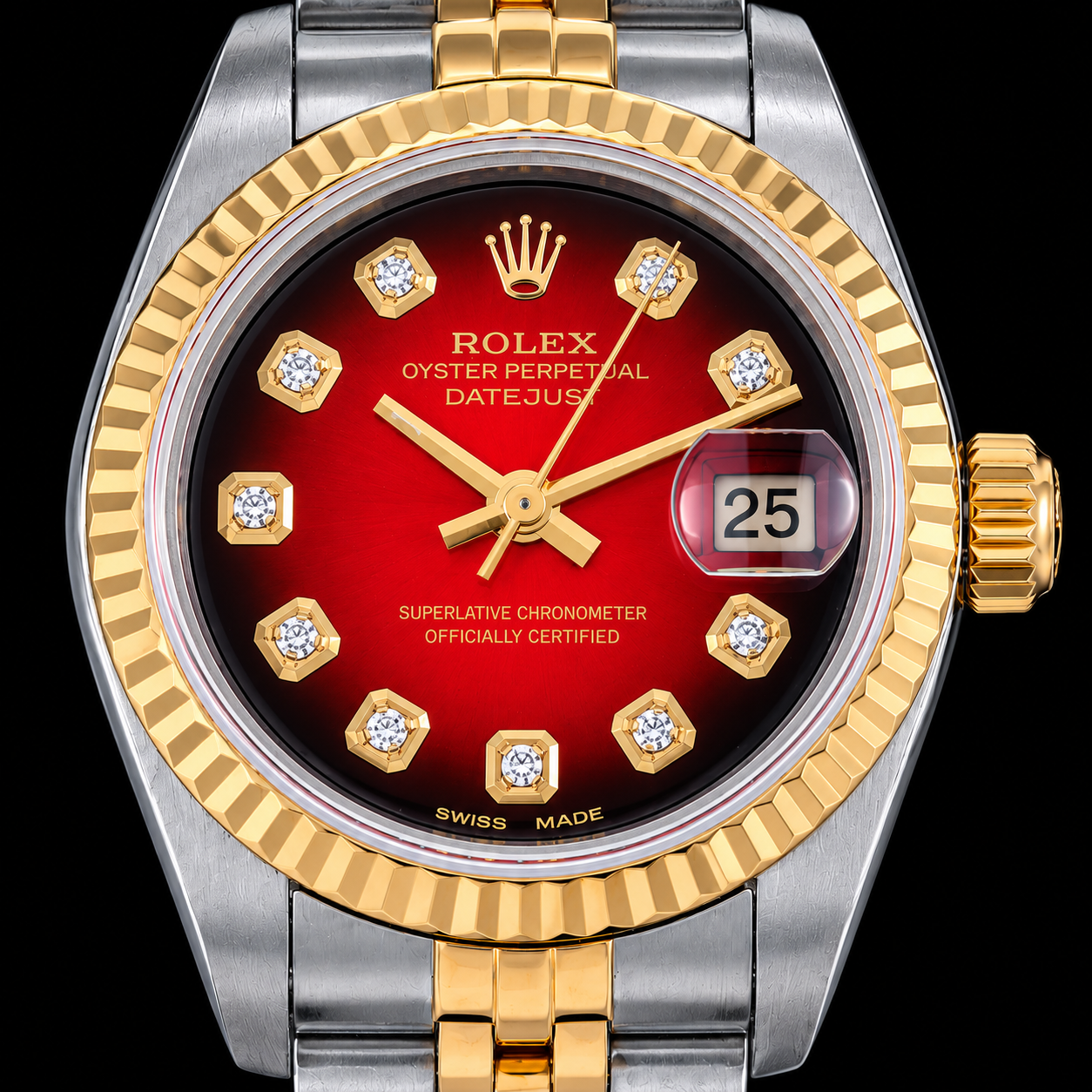 Rolex Datejust 26mm 69173 Orologio Bicolore Quadrante Rosso con Diamanti Lunetta Zigrinata
