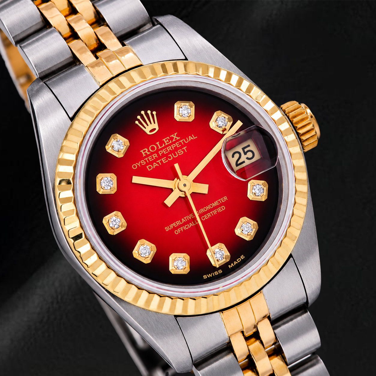 Rolex Datejust 26mm 69173 Orologio Bicolore Quadrante Rosso con Diamanti Lunetta Zigrinata