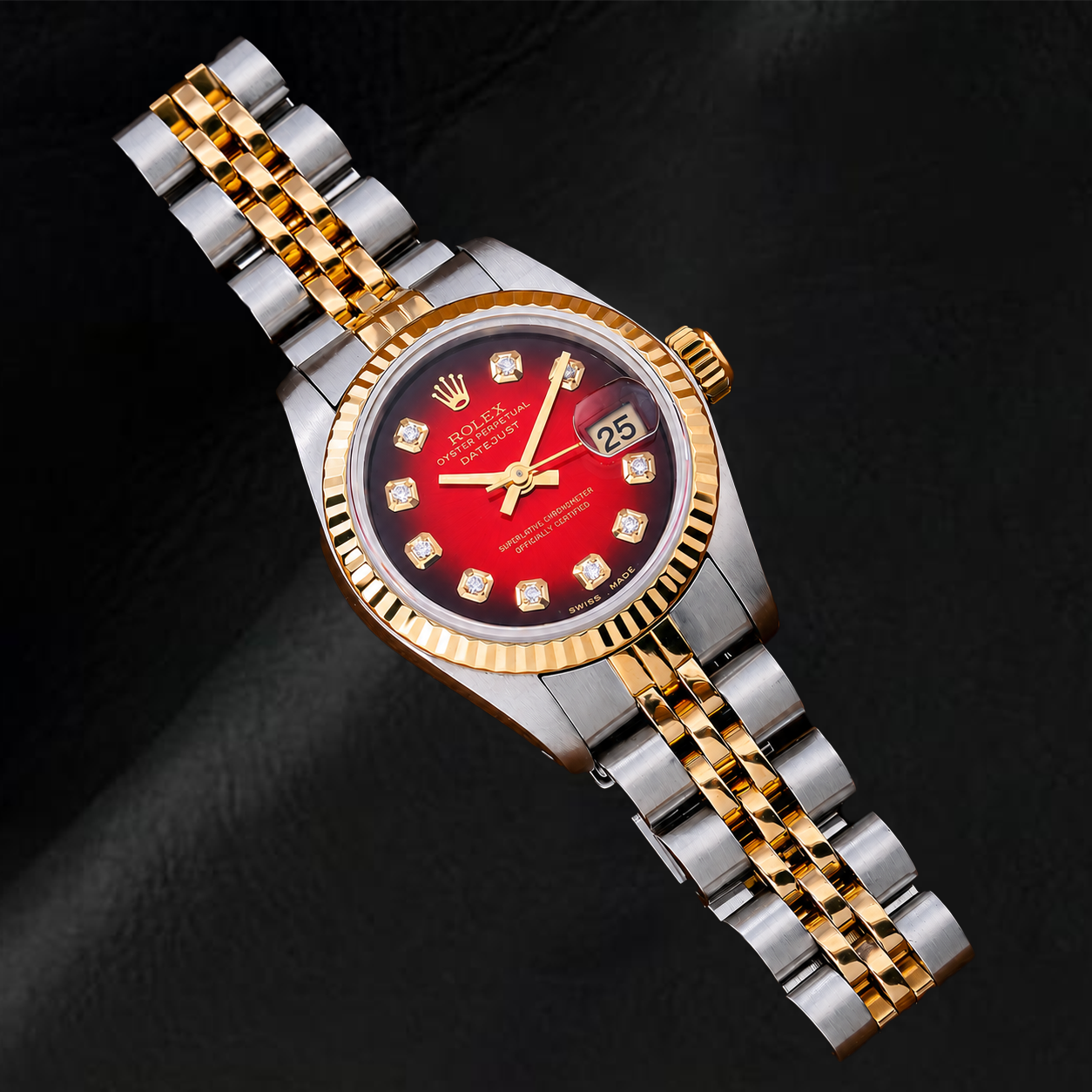 Rolex Datejust 26mm 69173 Orologio Bicolore Quadrante Rosso con Diamanti Lunetta Zigrinata