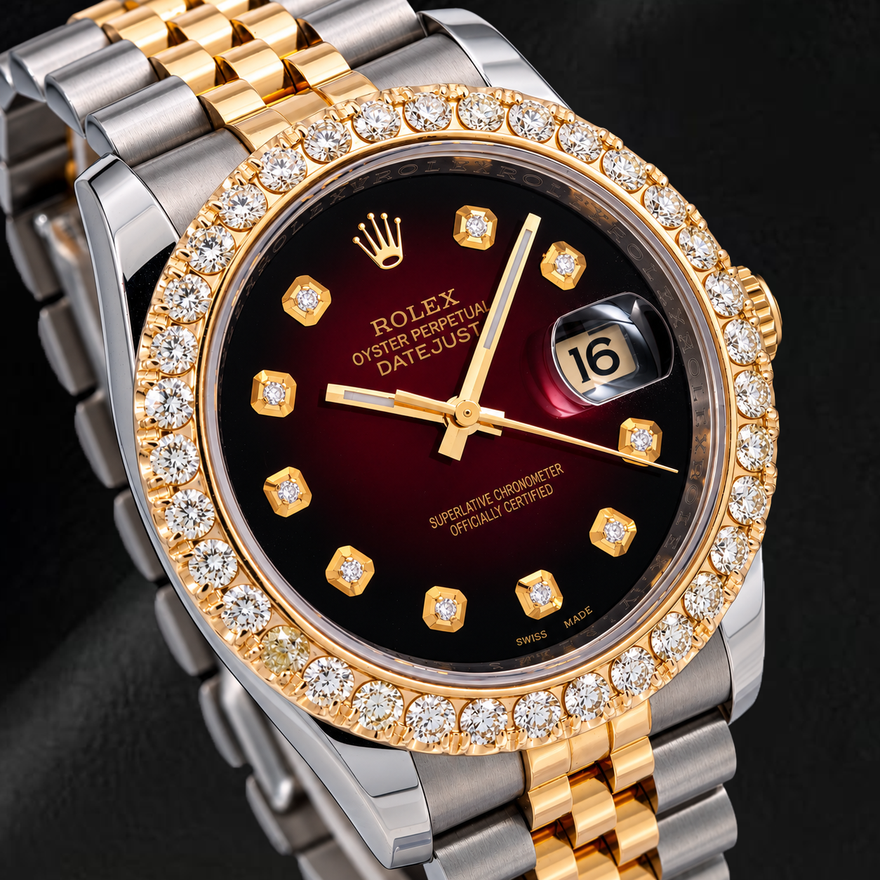 Rolex Datejust 36 mm 116233 Orologio Bicolore con Quadrante Rosso con Diamanti e Lunetta con Diamanti
