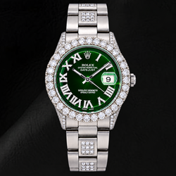 Rolex Datejust 36 mm 6605 Orologio in Acciaio Inossidabile con Lunetta con Diamanti e Quadrante con Diamanti Verde e Numeri Romani