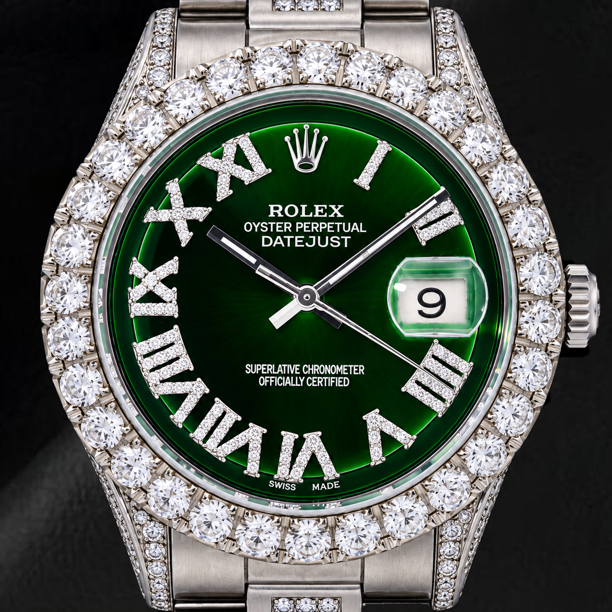 Rolex Datejust 36 mm 6605 Orologio in Acciaio Inossidabile con Lunetta con Diamanti e Quadrante con Diamanti Verde e Numeri Romani