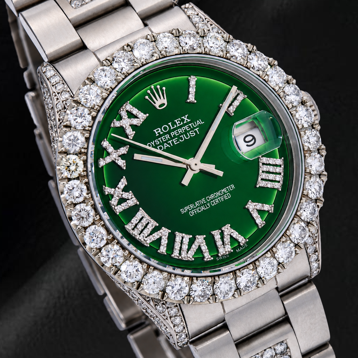 Rolex Datejust 36 mm 6605 Orologio in Acciaio Inossidabile con Lunetta con Diamanti e Quadrante con Diamanti Verde e Numeri Romani