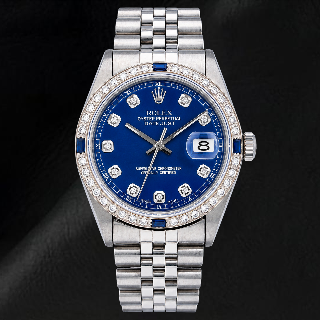 Rolex Datejust 36mm 1601 Orologio in Acciaio Inossidabile con Quadrante Blu con Diamanti e Lunetta con Diamanti