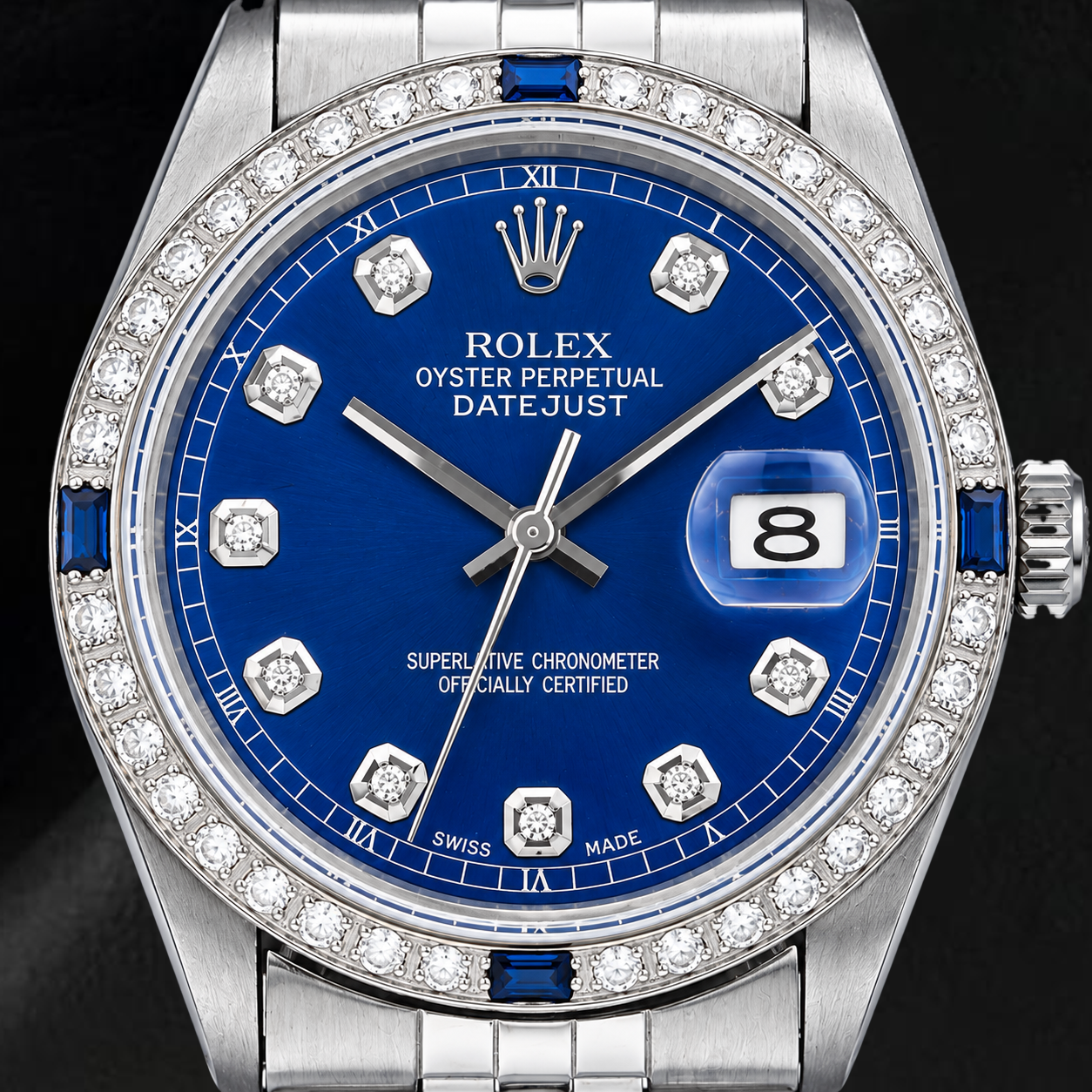 Rolex Datejust 36mm 1601 Orologio in Acciaio Inossidabile con Quadrante Blu con Diamanti e Lunetta con Diamanti