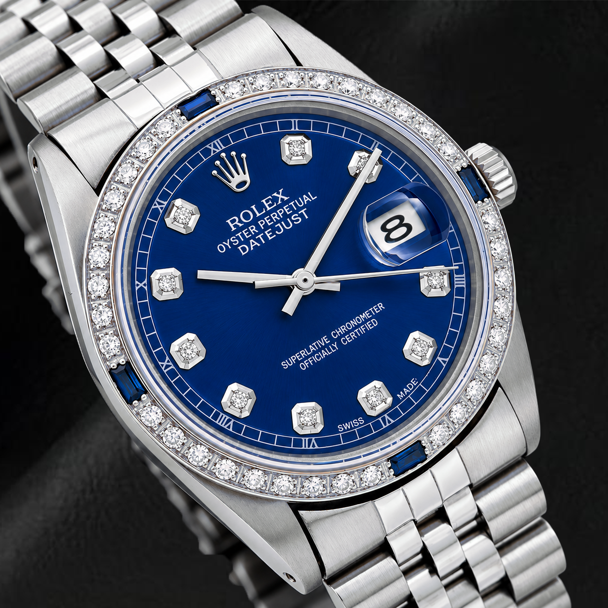 Rolex Datejust 36mm 1601 Orologio in Acciaio Inossidabile con Quadrante Blu con Diamanti e Lunetta con Diamanti