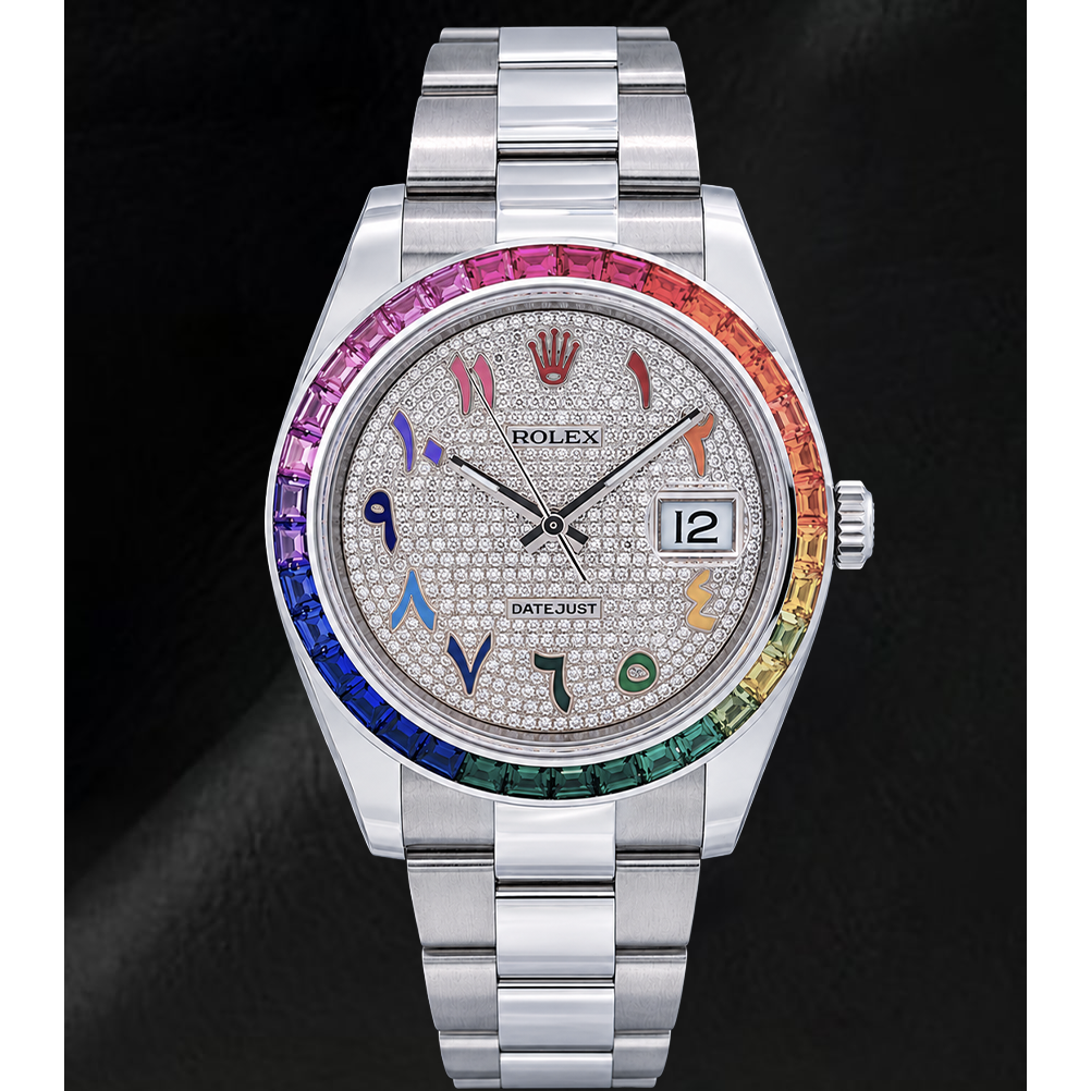Rolex Datejust 41 mm 126300 Orologio in Acciaio Inossidabile con Quadrante Pavé di Diamanti Arcobaleno Arabo Orientale