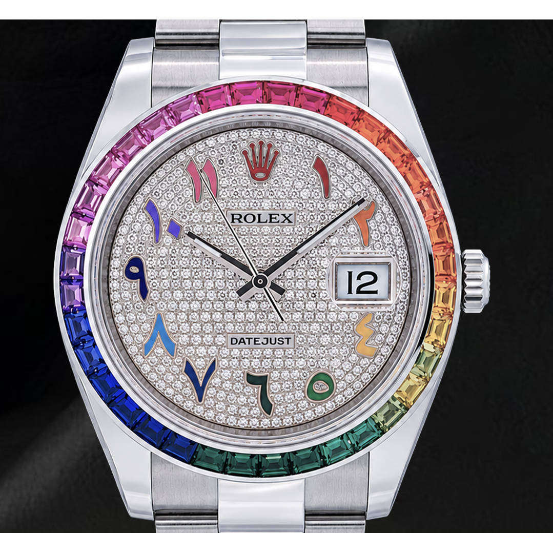 Rolex Datejust 41 mm 126300 Orologio in Acciaio Inossidabile con Quadrante Pavé di Diamanti Arcobaleno Arabo Orientale