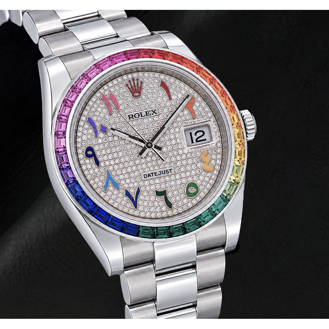 Rolex Datejust 41 mm 126300 Orologio in Acciaio Inossidabile con Quadrante Pavé di Diamanti Arcobaleno Arabo Orientale