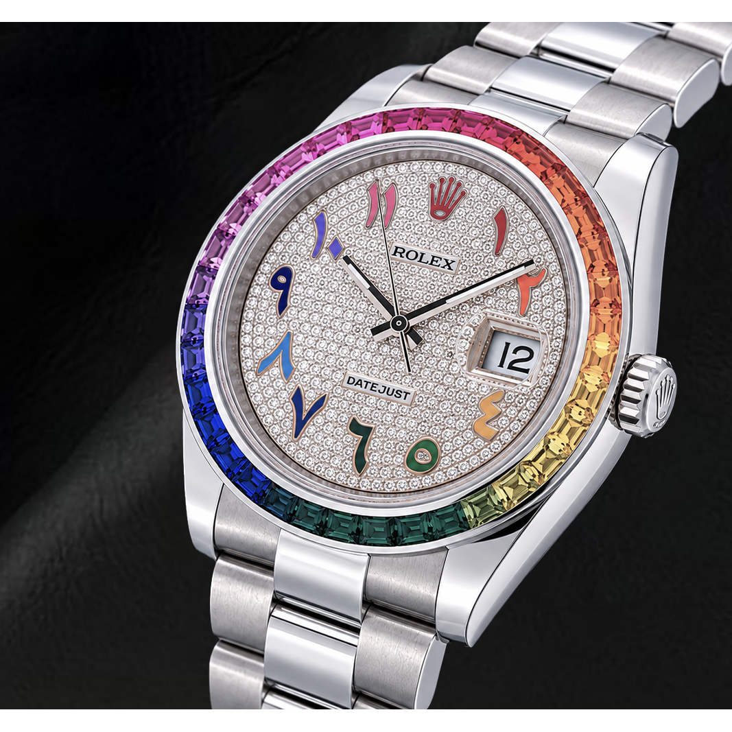 Rolex Datejust 41 mm 126300 Orologio in Acciaio Inossidabile con Quadrante Pavé di Diamanti Arcobaleno Arabo Orientale