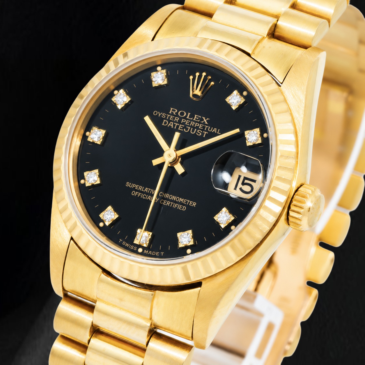 Rolex Datejust 68278 31 mm Orologio in Oro Giallo con Quadrante Nero con Diamanti Originali