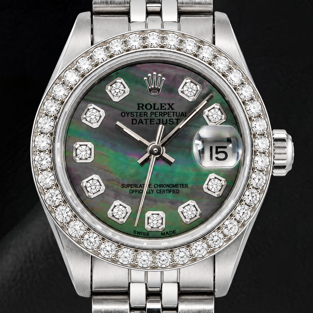 Rolex Datejust 69174 26 mm Orologio in Acciaio Inossidabile con Quadrante con Diamanti in Madreperla Nera
