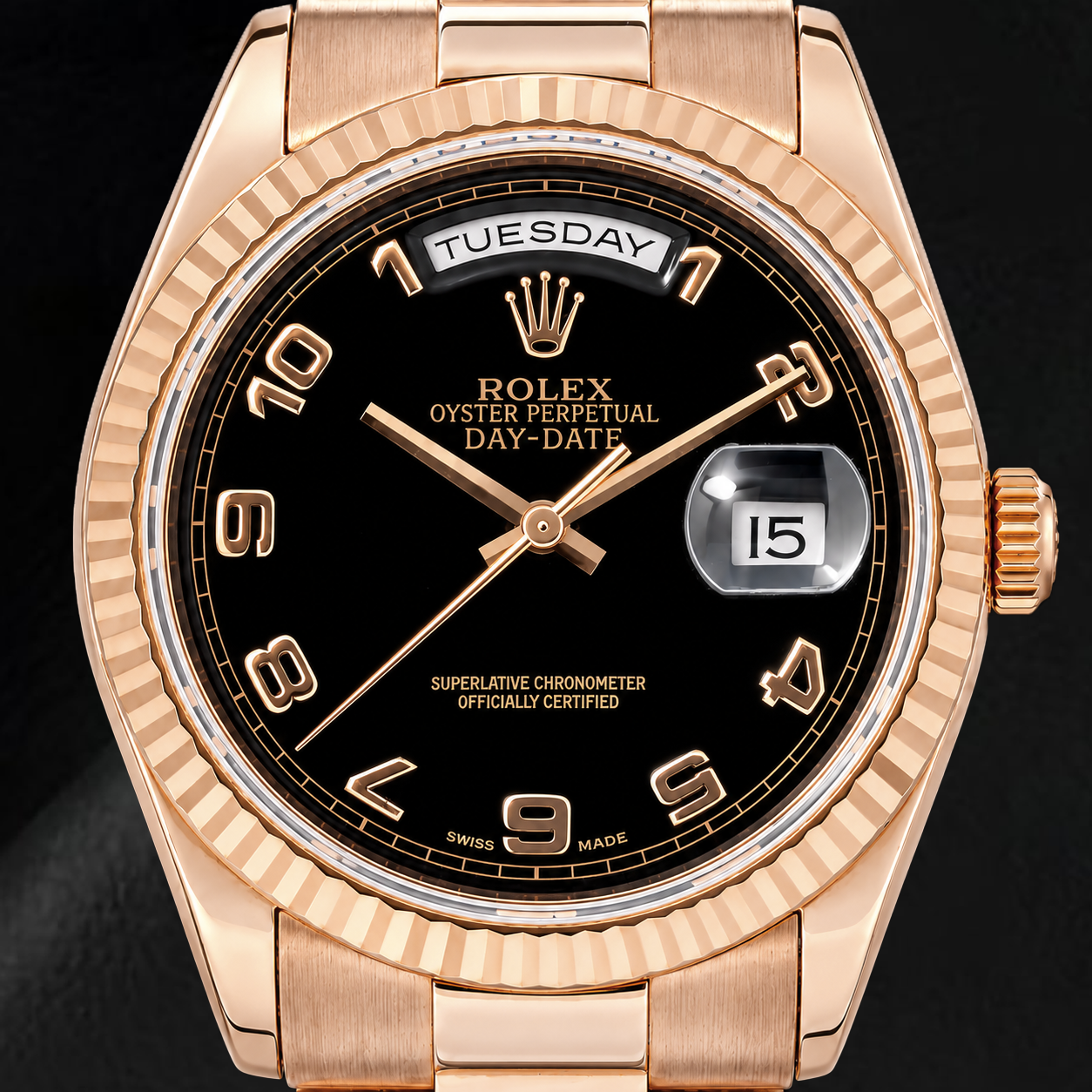 Rolex Day-Date 118235 Orologio da 36 mm in Oro Rosa con Quadrante Nero con Numeri Arabi
