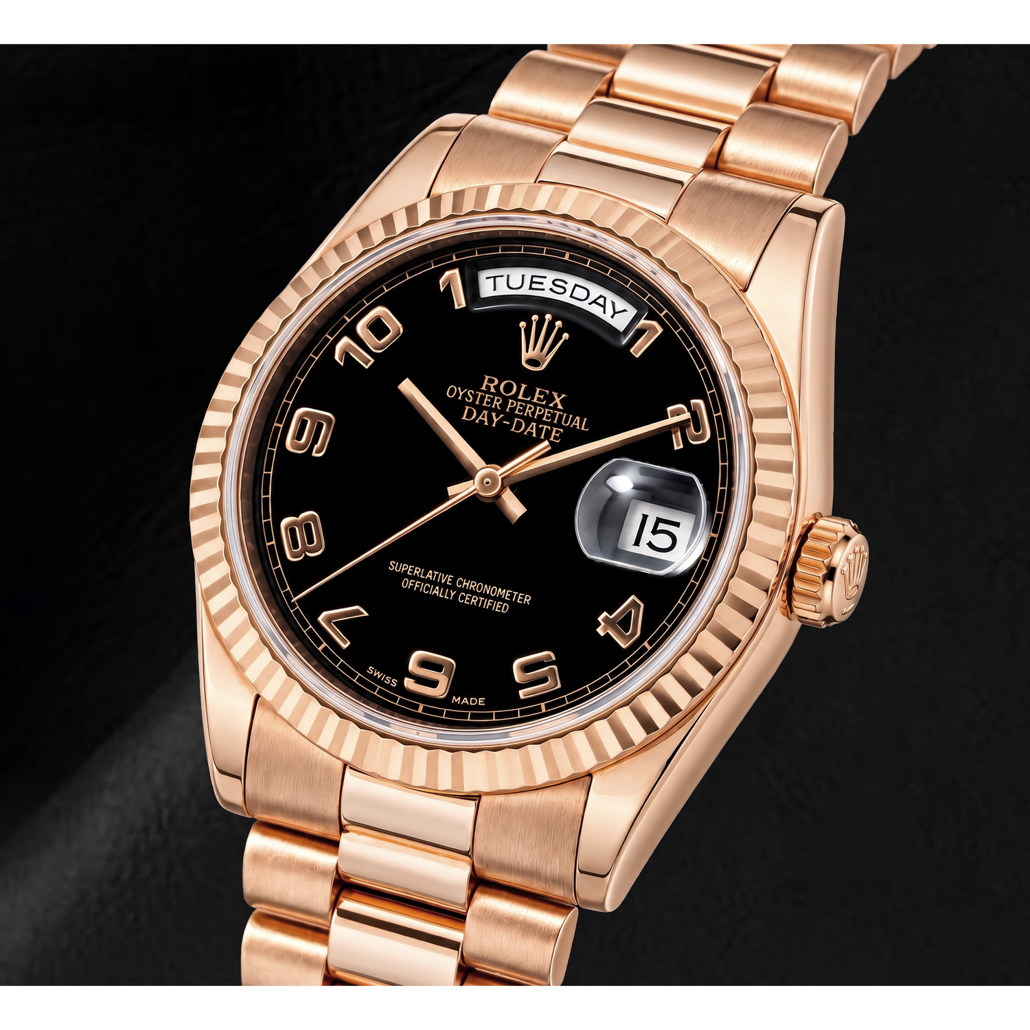 Rolex Day-Date 118235 Orologio da 36 mm in Oro Rosa con Quadrante Nero con Numeri Arabi