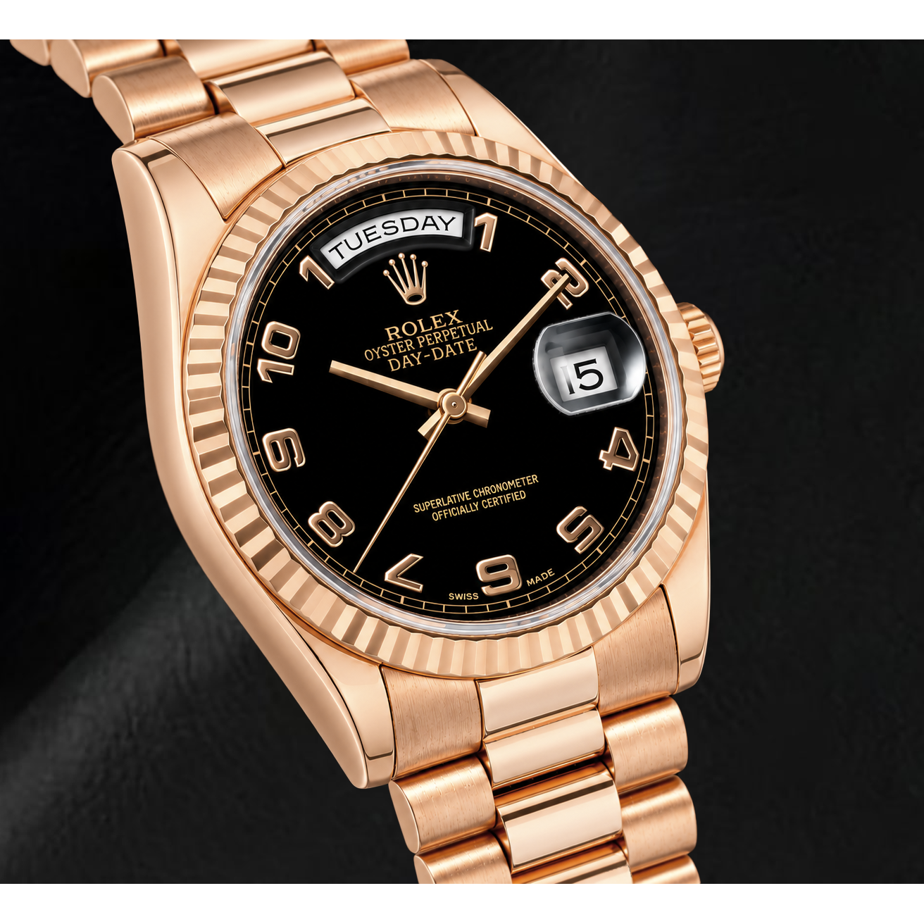 Rolex Day-Date 118235 Orologio da 36 mm in Oro Rosa con Quadrante Nero con Numeri Arabi