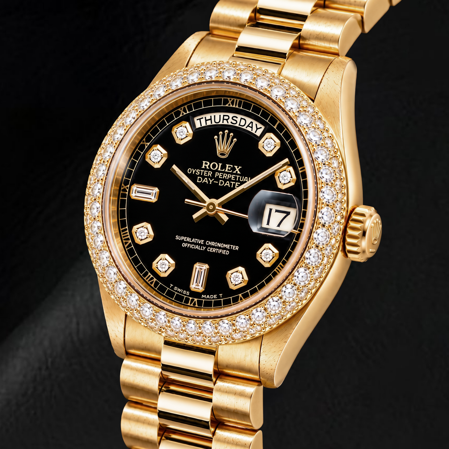Rolex Day-Date 1803 36 mm Orologio in Oro Giallo con Quadrante Nero con Diamanti