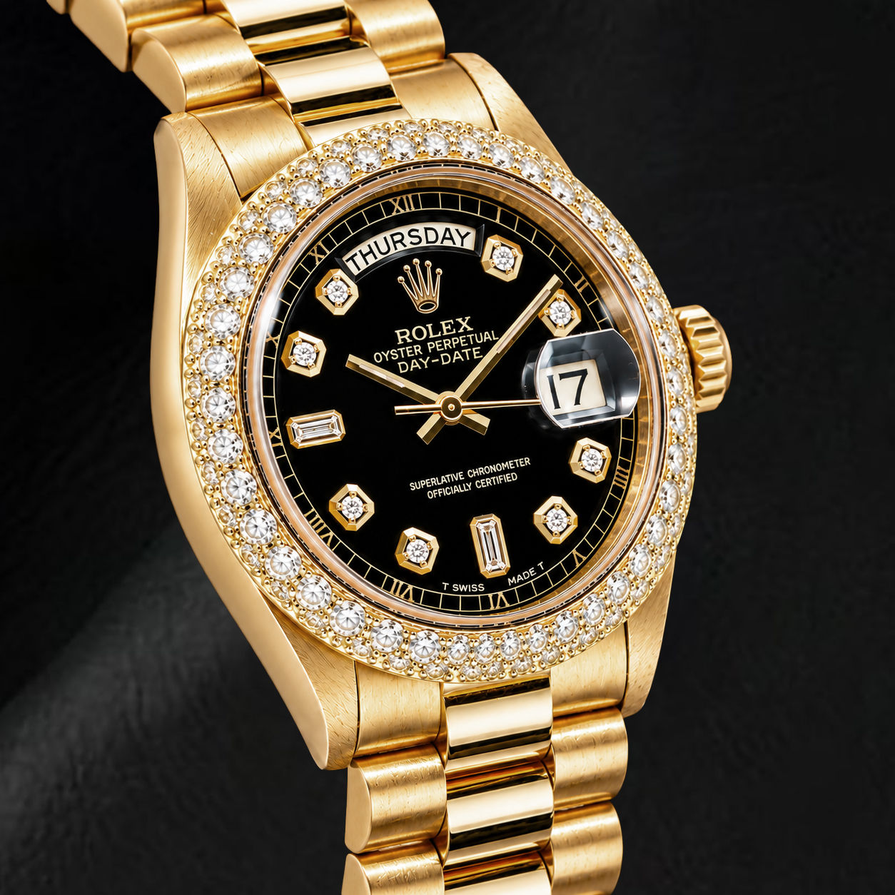 Rolex Day-Date 1803 36 mm Orologio in Oro Giallo con Quadrante Nero con Diamanti