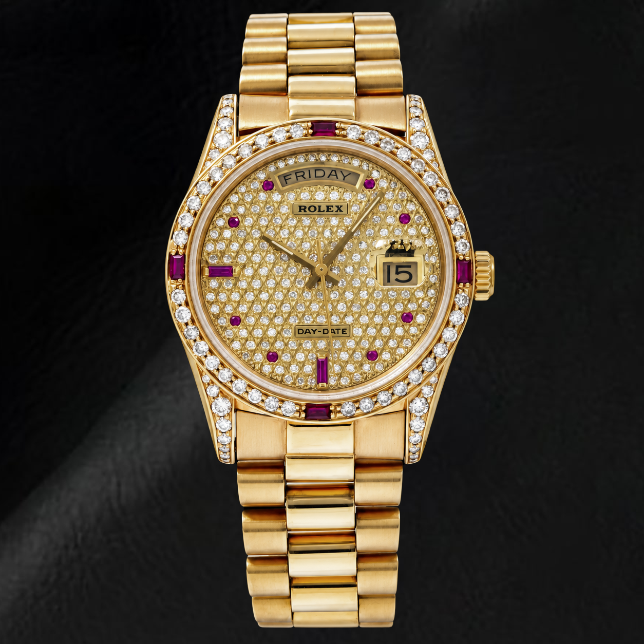 Rolex Day-Date 18038 36 mm Orologio in Oro Giallo con Quadrante Pavé di Diamanti