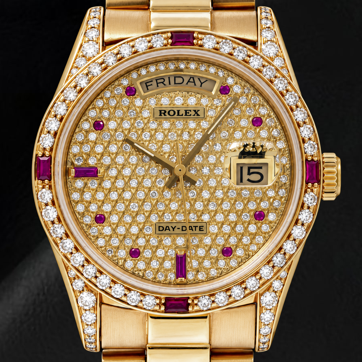 Rolex Day-Date 18038 36 mm Orologio in Oro Giallo con Quadrante Pavé di Diamanti