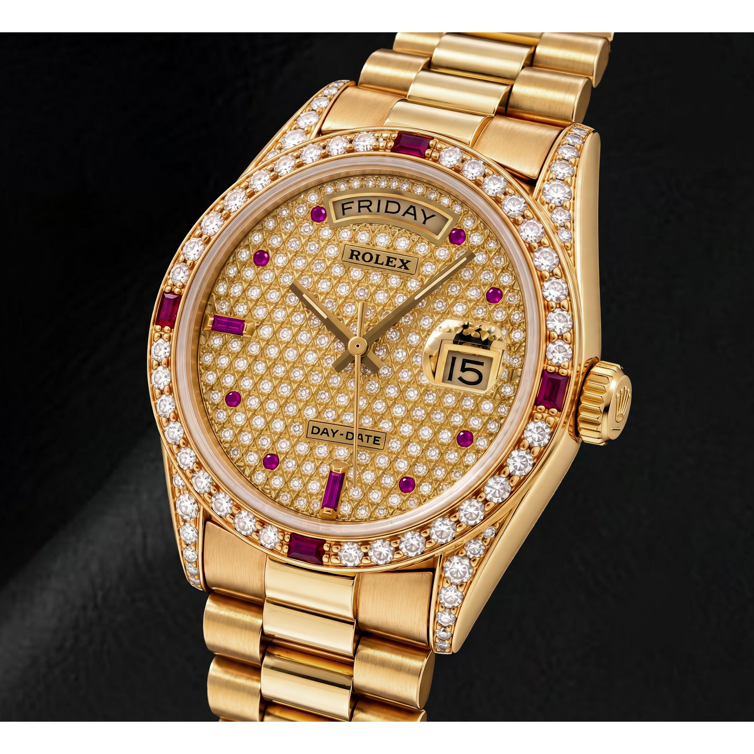 Rolex Day-Date 18038 36 mm Orologio in Oro Giallo con Quadrante Pavé di Diamanti