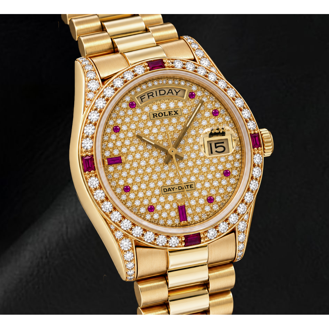 Rolex Day-Date 18038 36 mm Orologio in Oro Giallo con Quadrante Pavé di Diamanti