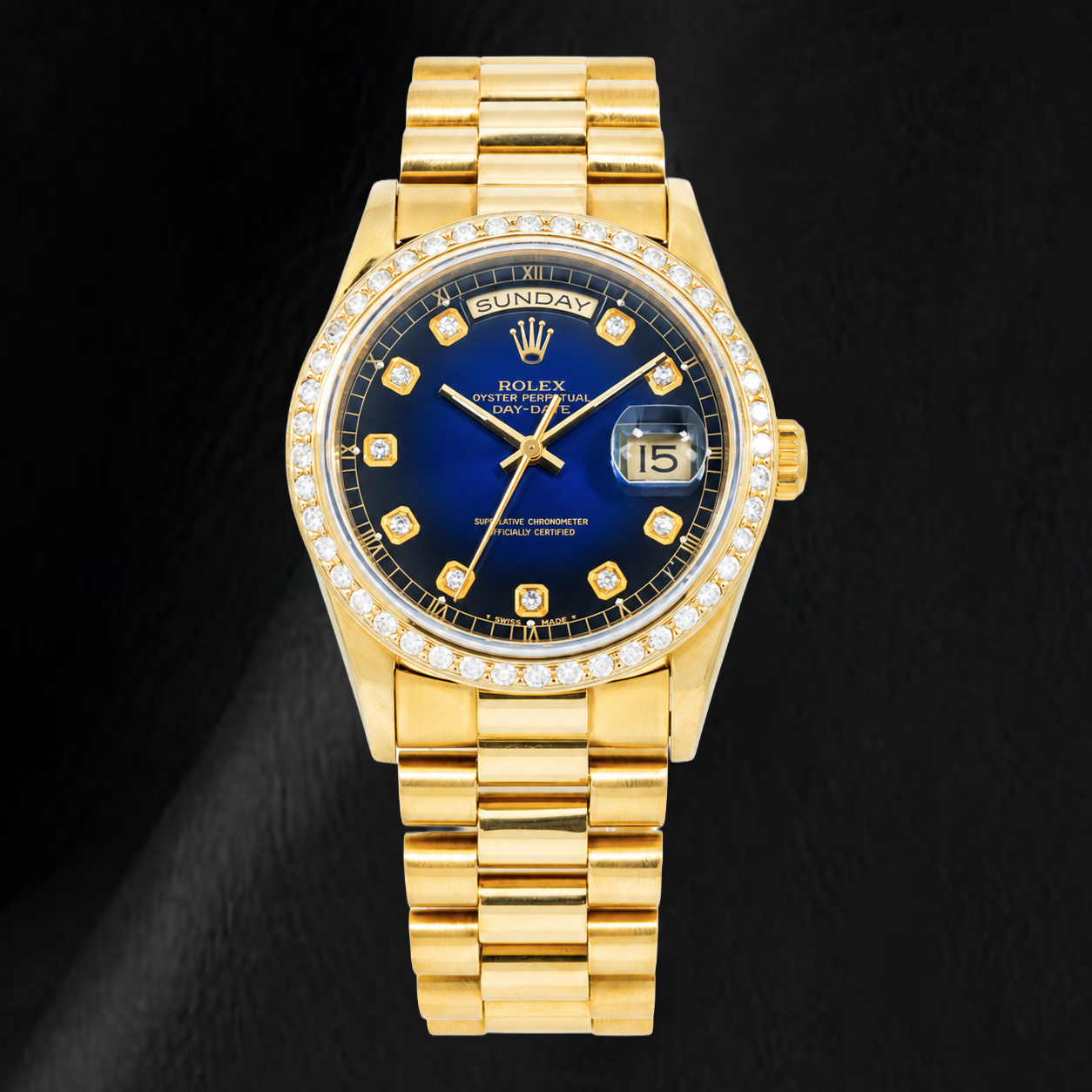 Rolex Day-Date 18238 36 mm Orologio in Oro Giallo con Quadrante Blu con Diamanti