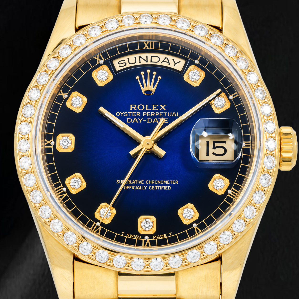 Rolex Day-Date 18238 36 mm Orologio in Oro Giallo con Quadrante Blu con Diamanti